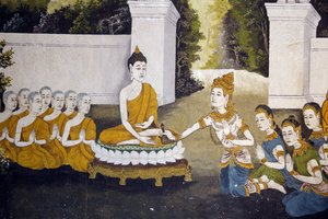 Buddha életének egy jelenetét ábrázoló freskó Wat Phra Doi Suthepben, Chiang Mai államban. Buddha alamizsnát kap. Thaiföld alkotó: Unbekannt