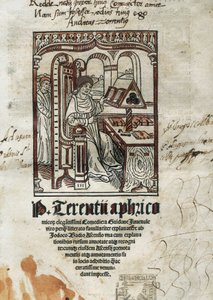 Terence komikus költő (Publius Terentius Aferer) (Kr. e. 190-145) vígjátékainak frontképe. A szerző képviselve van. alkotó: Unbekannt
