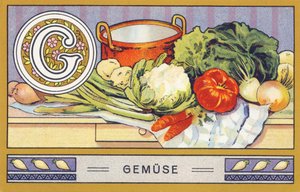 G: Gemuse - Alphabet Palmin. Kromolitográfiák sorozata, szerkesztette: H. Schlinck & Cie, Hamburg, p. d. . Palmin feinstes Cocosfett reklámja. Méretek: 7 x 11 cm alkotó: William M. Timlin