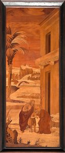 Genova, Dóm (Szent Lőrinc-székesegyház), belül, apszis, kórus, északi oldal: "Keresztelő Szent János szabadságot vesz családjától", Vincenzo és Tommaso Garassino faintarziája (XIX. század) alkotó: Unbekannter Künstler