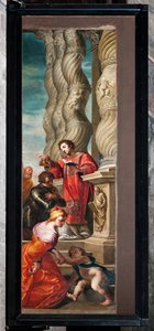 Genova, Dóm (Szent Lőrinc-székesegyház), belső, bal folyosó, a déli kereszthajó orgonájának eredeti ajtói: "Szent Lőrinc Szent Rómánt kereszteli" (1634-6), Andrea Ansaldo alkotó: Unbekannter Künstler