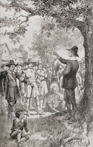 George Fox 1671-ben az amerikai Marylandben prédikál a tömegnek a helyi kvékerek négynapos gyűlésén. George Fox alkotó: Unbekannter Künstler