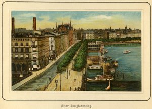 Németország, Hamburg, Alter Jungfernstieg , az Alster-tó közelében, illusztráció a következő helyről: "Ansichten-Album Hamburg" , kiadó: C. Schneider, Berlin NW. 1890 körül (litográfia). alkotó: Unbekannter Künstler