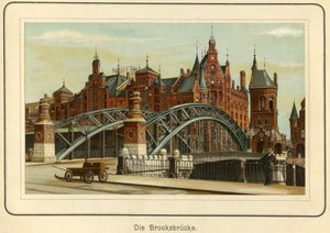 Németország, Hamburg, a "Brooksbruecke" (Brooks-híd) és a háttérben a "Speicherstadt" nevű kikötő raktárai, 1890 körül (litográfia) alkotó: Unbekannter Künstler