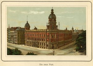 Németország, Hamburg, a posta új épülete, illusztráció a : "Ansichten-Album Hamburg" (Hamburgi nézetek) , kiadó: C. Schneider, Berlin NW, 1890 körül (litográfia). alkotó: Unbekannter Künstler
