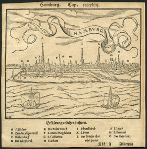 Németország, Hamburg, kilátás a városra, előtérben az Elba folyó, illusztráció Sebastian Münster (Münster) Cosmographia című művéből, 1570 körül (metszet). alkotó: Unbekannter Künstler