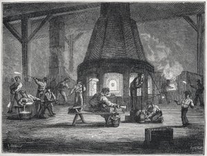 Üveggyártás a 19. század második felében : gyerekek dolgoznak, 1880 körül (metszet) alkotó: Unbekannter Künstler