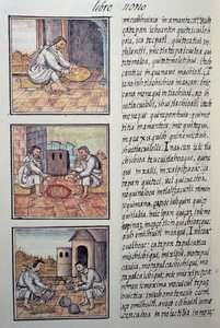 Aranyfeldolgozás a spanyol hódítás után, Fray Bernardino de Sahagun (1499-1590) spanyol misszionárius, Firenzei kódex oldala, az Új Spanyolország dolgainak általános története. Azték civilizáció alkotó: William M. Timlin