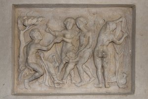 Görög mitológia: Párizs ítélete. Paris pásztornak ki kell választania a legszebbet a három istennő közül Aphroditétól (Vénusz), Cupido, Héra (Junon) és Athéné (Minerva) kíséretében. Aphroditét választja, akinek felajánl egy aranyalmát. Megkönnyebbülés alkotó: Unbekannt
