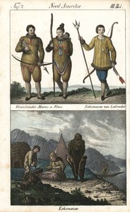 Grönlandi lakosok, akik bőröket viselnek, és egy labradori (Kanada) inuit háromágú szigonnyal. Az alábbi képen az inuit család mindennapi életének egy jelenete látható egy iglu, egy sátor és egy kenu előtt, Észak-Amerika. Litográfia a könyvhöz: "Galerie co alkotó: Unbekannter Künstler