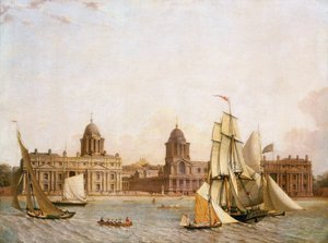 Greenwichi kórház (Anglia), a Dogs-szigetről (a Temze északi partján), a folyón közlekedő különféle hajókkal. Olaj, vászon, 1830-1840 körül. alkotó: Unbekannter Künstler