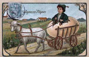 Húsvéti üdvözlőlap: a tojásból kilépő gyerek egy bárány által húzott szekeret vezet - 1907-es képeslap alkotó: William M. Timlin