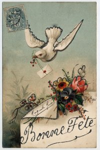 Üdvözlőlap: egy madár lepecsételt levelet hoz - 1906-os képeslap alkotó: Unbekannt