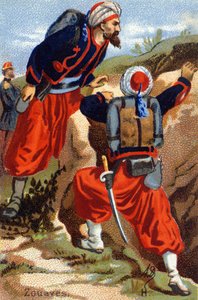 H: Zouaves. Metszet "Katonai ábécé"-ben. Az illusztrátor kezdőbetűi: A. D. Ismeretlen kiadó. Kromolitográfia a 19. század végén. Mérete: 10,5x7 cm. alkotó: Unbekannt