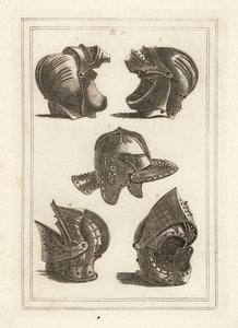 John de Courcy sisakja, Ulster grófja 1,2, Oliver Cromwell fejvédője 3, dönthető sisak 4,5 alkotó: Unbekannt