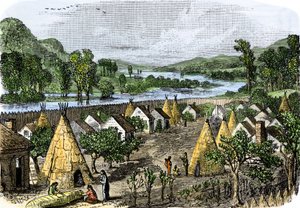Az őslakos népek története: Mohawk Village, New York, 1780 körül. Színes metszet a 19. századból. alkotó: Unbekannter Künstler