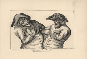 Hodge és Roaf azzal vádolják egymást, hogy egy korsó sör helyett egy fazék húgyot hagytak. Thomas Sanders rézmetszete Timothy Bobbin (John Collier) (1708-1786) szatirikus illusztrációja után a Human Passions Delineated, John Haywood, Manchester című kötetb alkotó: Unbekannter Künstler