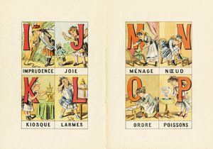 I: vakmerőség; J: öröm; K: kioszk; L: könnyek; M N O P: háztartás, csomó, rend, hal - Kislányok ABCD-jéből vett metszet. Pellerin & Cie, nyomda-kiadó, Epinal, 1890 körül. Serie A. Méretek: 19 x 13,5 cm. alkotó: Unbekannt