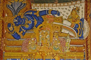 India, Tamil Nadu, Srirangam, Sri Ranganathaswamy hindu templom (eredeti 10. század), Visnu falfestménye. alkotó: Unbekannt