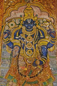 India, Tamil Nadu, Srirangam, Sri Ranganathaswamy hindu templom (eredeti 10. század), Visnu falfestménye. alkotó: Unbekannt
