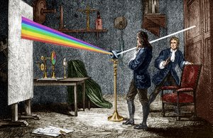 Isaac Newton dispersing light with a glass prism