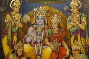 Jalaram Prayer hindu templom, Leicester. Freskó. Ram, Sita Lakshmannel Ram