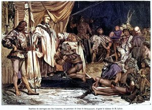 Jean de Bethencourt normann úriember, de Saint Martin le Gaillard báró, 1405 januárjában meghódította és keresztyénné tette a Kanári-szigeteket a „Sur terre et sur mer” folyóirat 28. számától, január 8. alkotó: Unbekannter Künstler