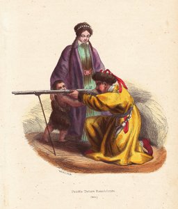 Kazáni tatár család (Tatárföld, Oroszország) - Kazáni tatár család, a férfi szőrmés sapkában és szőrmebélésű kabátban muskétával lő, hosszú kabátos nővel és szőrmés gyerekkel - Mercier kézi fametszete a "Customs, Uses et Costumes de tous les Peuples du Mon alkotó: Unbekannter Künstler