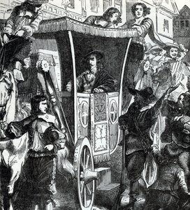 I. Károly király a tömegben, miután az öt parlamenti képviselő, John Pym, John Hampden, Denzil Holles, William Strode és Arthur Haselrig letartóztatására tett sikertelen kísérlet 1642. január 4-én meghiúsult. 19. század (metszet a "History of the world"-bő alkotó: Unbekannter Künstler