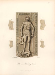 Lovag páncélban 15. század, a térd- és könyökkötések részleteivel - Peter von Stettenberg sírköve, meghalt 1441-ben - Jakob Heinrich von Hefner-Alteneck (1811-1903) kromolitográfia, rajz a "Costumes, crafts and instrument" című könyvéhez. alkotó: Unbekannter Künstler