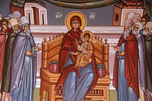 Kykkos kolostor, Ciprus. Freskó. Szűz és gyermek szónokokkal körülvéve, 20150510, Pedoulas, Ciprus alkotó: Unbekannt