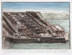 Marly de Rennequin gépe, amellyel a Szajna vizét szivattyúzták és vezették Versailles-ba a Marly vízvezeték közvetítésével, a Marly és Versailles-i kastélyok parkjainak vízellátására. alkotó: Unbekannt
