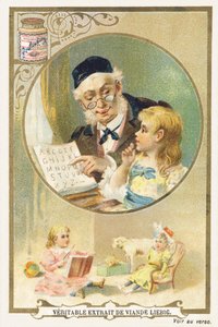 Olvasás nagypapával. Reklám kromolitográf, amely egy idős embert ábrázol kör alakú keretben, mellette egy kicsi. A kép alján egy ülő kislány, játékokkal körülvéve. Szerkesztette: Compagnie Liebig, Párizs, 19. század vége. Dimenzió alkotó: Unbekannt