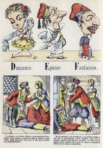 D, E és F betű: táncos, élelmiszerbolt és gyalogság. A keleti mese ábécéje. Az Epinal képalkotása, 1890 körül. Népszerű sorozat. 8 oldalas kis füzet. Mérete: 205x150 mm. Sablonos fametszetek metierek témájában alkotó: Unbekannt