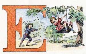E betű: Scarpolette. Phosphatine Falieres ábécéje. Metszés. Brevete ábécé S.G.D.G. Pierre Emile Falieres gyógyszerésztől. Kromolitográfiai illusztrációk, 19. század vége. 16 oldal. Mérete: 103x154 mm alkotó: Unbekannt