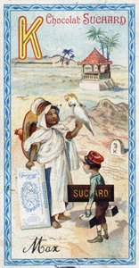 K betű: kabyle, kepi, kilogramm, kakatoes, kioszk, kilométer. Az ábécé metszetét Chocolat Suchard szerkesztette, a XX. század eleje. 24 kromolitográfia, amelyek a képen felfedezendő helyeket, karaktereket és tárgyakat ábrázolják. Mérete: 105x55 mm alkotó: Unbekannt