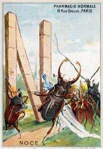 N betű mint esküvő. Mr. Marinier művészi ábécéje. Szerkesztette Henry Sicard, 19. század vége. Kromolitográfok reklámozása a gyógyszertárakban forgalmazott termékekhez. Mérete: 12,5 x 9 cm alkotó: Unbekannt