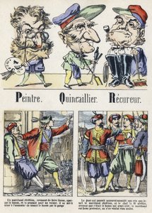 P, Q és R betű: festő, hardver és helyreállító. A keleti mese ábécéje. Az Epinal képalkotása, 1890 körül. Népszerű sorozat. 8 oldalas kis füzet. Mérete: 205x150 mm. Sablonos fametszetek metierek témájában alkotó: Unbekannt
