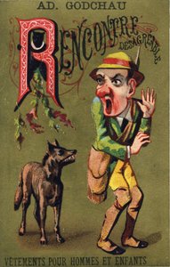 R betű: Kellemetlen találkozó. "Alphabet des grotesques" metszet. 25 reklámkromolitográfiát tartalmazó sorozat dore alapon, 19. század vége. Mérete: 11x7 cm alkotó: Unbekannt