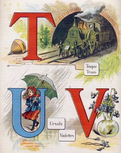 T, U és V betű: felső, vonat, ursula és lila. Metszet "ABC L
