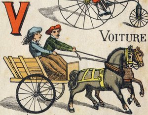 V betű az autóhoz. Gravírozás az "ABC Toys"-ba. Epinalis képalkotás a kromolitográfiában, 1890 körül. 8 oldalas kis füzet. Mérete: 195x135mm, 4. borítóban való hirdetés fogadására szolgál. Otthoni használatra kínál egy illusztris apát és egy kis olvasmányt alkotó: Unbekannt