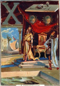 X. levél: Xerxész I ; xilográfia; xiphias . Ábécé . Mindegyik képen számos illusztris szó található, amelyek ábrázolása színpadra kerül. A párizsi litográfia kromolitográfiái, 1890 körül. Mérete: 10,7x7,5 cm. alkotó: Unbekannt