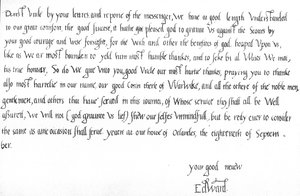 VI. Edward király levele 9 évesen nagybátyjához, Edward Seymourhoz, amelyben gratulál a skótok felett aratott győzelméhez a pinkie-i csatában szeptember 10-én. alkotó: Unbekannt