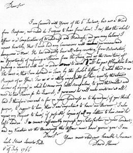 David Hume levele Richard Davenportnak, amelyben utal Jean-Jacques Rousseau-val való kapcsolatának nagy nehézségeire, Rousseau nyugdíjának elutasítására és Hume-mal való veszekedéseire, július 8-án alkotó: Unbekannt