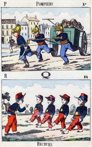 Levelek P Q R: Tűzoltók és újoncok. Metszet "Alphabet militaire enfantin" felirattal. Pont-a-Mousson képei, 1890 körül. 20 oldal. Mérete: 28,5x21 cm alkotó: Unbekannt