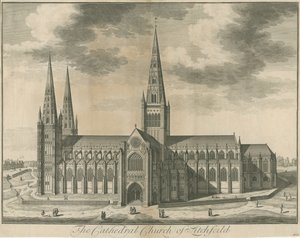 Lichfield katedrális – Déli nézet: metszet, nd [c 1730] alkotó: Unbekannt