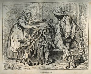 A kis Poulet és éhes testvérei. Gustave Dore (1832-1883) metszete Charles Perrault (1628-1703) „Les contes” című könyvéből alkotó: Unbekannt