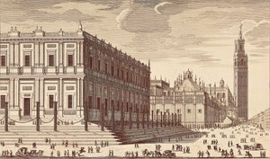 Lonja de Comercio ("Kereskedelmi épület") és a sevillai katedrális részleges kilátása. Metszet. SPANYOLORSZÁG. MADRID (AUTONÓM KÖZÖSSÉG). Madrid. Nemzeti Könyvtár alkotó: Unbekannter Künstler