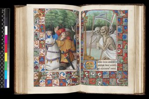 MS 92 f.132v-133r, Halottak hivatala, Matins, A három élő és a három halott, az órák könyvéből, Nyugat-Franciaország, Róma használata, 1490-1510 alkotó: Unbekannt
