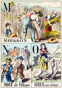 M N O : Moisson, Noce de village, Oies aux champs - "A farm ábécéje" 19. század vége (metszet) alkotó: Unbekannt